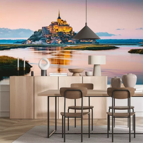 Papier peint  Paysage avec un château sur fond de coucher de soleil