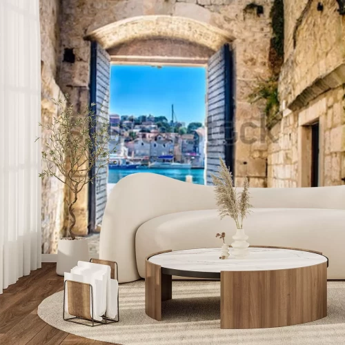 Papier peint  Porte surplombant une ville méditerranéenne