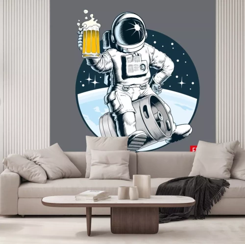Sticker  L'astronaute est assise sur un baril de bière et tient une chope de bière. Illustration vectorielle de style bande dessinée.
