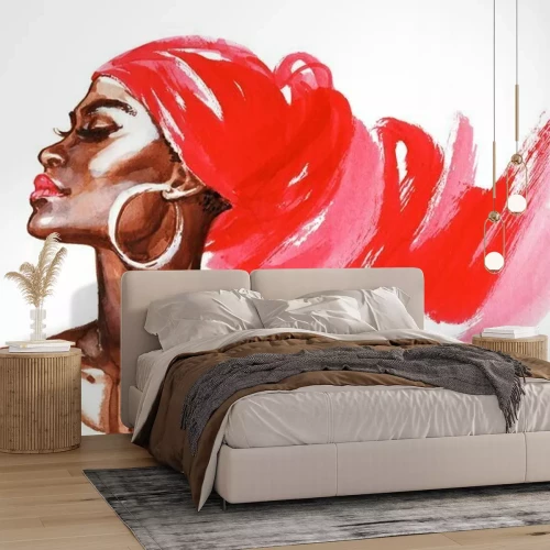 Sticker  Femme africaine aquarelle beauté. Illustration de mode de peinture. Portrait dessiné de main de jolie fille sur fond blanc