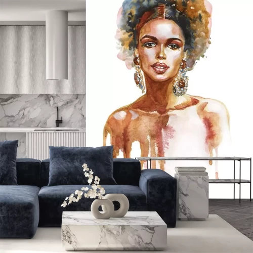 Sticker  Femme africaine aquarelle beauté. Illustration de mode de peinture. Portrait dessiné de main de jolie fille sur fond blanc