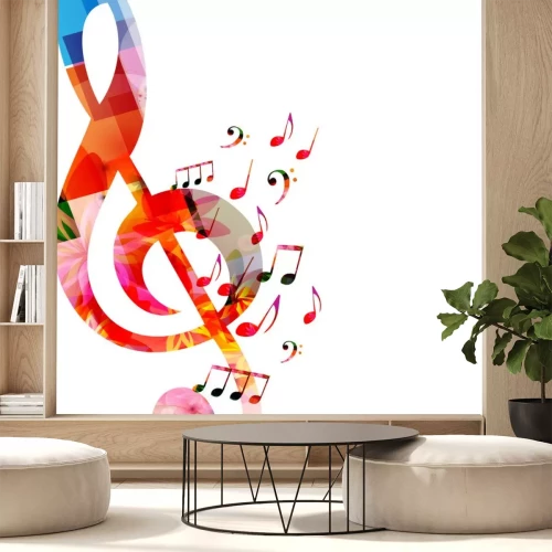 Sticker  Musique de fond avec des notes de musique colorées et conception de G-clef vector illustration. Affiche du festival de musique artistique, concerts en direct, notes et symboles de notes de musique
