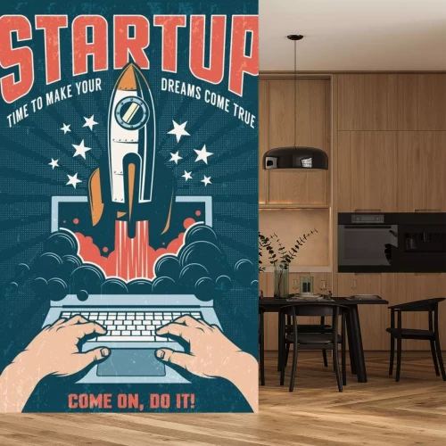 Sticker  Une fusée qui décolle d'un ordinateur portable. Affiche rétro avec un fond sombre. Concept de démarrage. Illustration vectorielle Texture usée sur un calque séparé.