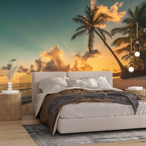 Papier peint  Plage tropicale à Punta Cana, République dominicaine. Palmiers sur une île sablonneuse dans l'océan.