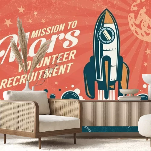 Sticker  Un graphisme représentant le lancement d'une fusée et une inscription de style rétro