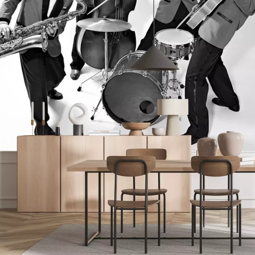 Sticker  Joueurs de groupe de jazz sur blanc. Fond de musique vintage