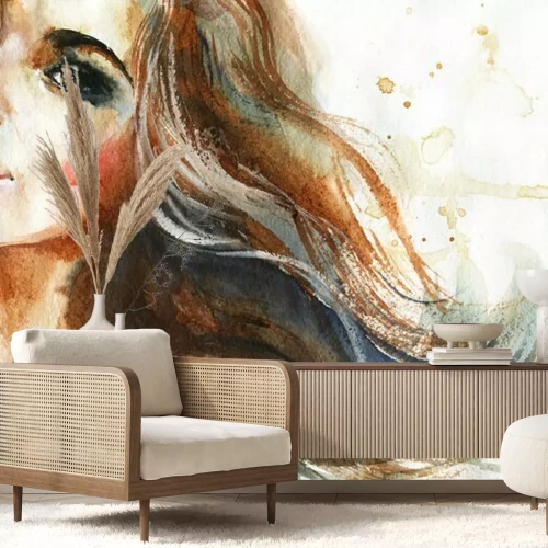 Sticker  Jeune femme beauté aquarelle. Portrait dessiné de fille à la main. Peinture illustration de mode sur fond blanc