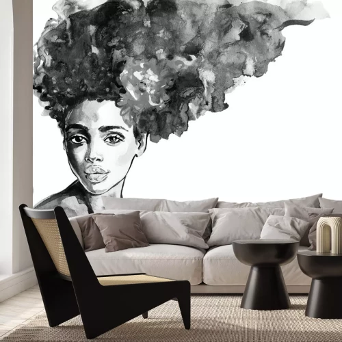 Sticker  Femme africaine aquarelle beauté. Illustration de mode de peinture. Portrait dessiné de main de jolie fille sur fond blanc