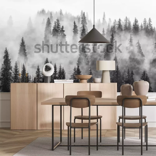 Papier peint  Forêt dans le brouillard, paysage en noir et blanc