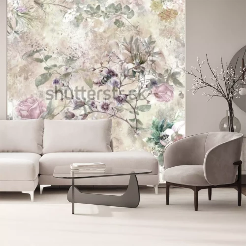 Papier peint  Plantes grimpantes feuillues sur une texture murale