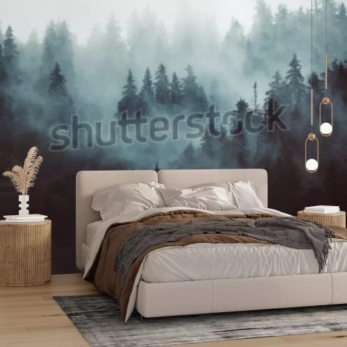 Sticker  Paysage brumeux avec forêt de sapins dans un style rétro hipster vintage