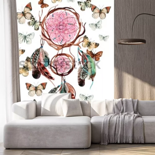 Sticker  Capteur de rêves avec plumes et mandala. Dreamcatcher ethnique aquarelle et papillon isolé sur fond blanc. Illustration peinte à la main pour votre conception