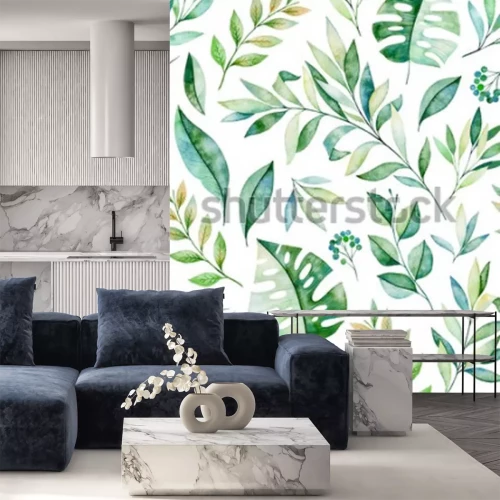 Sticker  Watercolors feuilles transparent motif de branche sur fond blanc. Texture avec les verts, les branches, les feuilles, les feuilles tropicales, le feuillage. Parfait pour le mariage, la conception de l