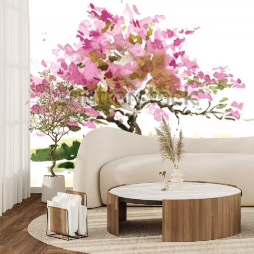 Sticker  arbre à fleur de cerisier dessin à l'aquarelle, aquarelle esquisse de fleurs de pommier en fleurs, peinture jardin, fond d'art vectoriel dessiné à la main