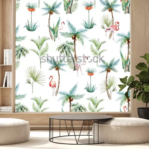 Papier peint  Motif tropical blanc avec flamants roses