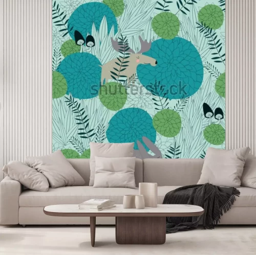 Sticker  Fond de forêt transparent avec les plantes de la forêt mignonne, élan, lièvre et champignons en bande dessinée.