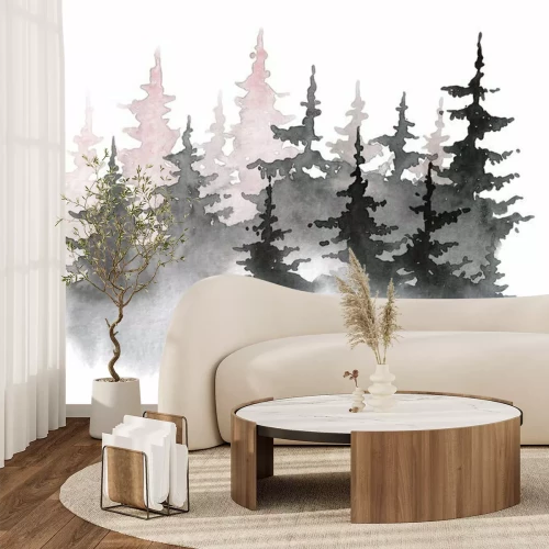 Sticker  Aquarelle illustration dessinée avec forêt. silhouette d'une pinède. Fond de forêt pour inscription calligraphique.