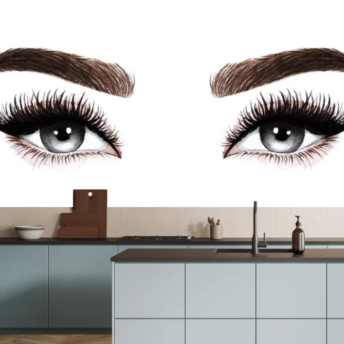 Sticker  Yeux de femme avec de longs cils. Illustration aquarelle dessinée à la main. Cils et sourcils. Conception pour les extensions de cils, microblading, mascara, salon de beauté, cosmétiques, maquilleuse.
