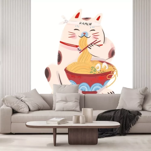 Sticker  Maneki neko mangeant des ramen