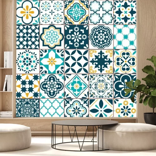 Sticker  Motif de vecteur de carreaux Azulejo géométrique de Lisbonne, mosaïque de carreaux anciens rétro portugais ou espagnol, méditerranéen transparente conception turquoise et jaune