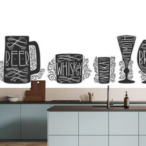 Sticker  Ensemble d'images de silhouette de verres en verre pour différentes boissons. Formez le texte de lettrage de verres à pied.