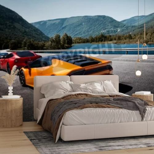 Papier peint  Voitures de sport sur un pont avec vue sur le fleuve et les montagnes