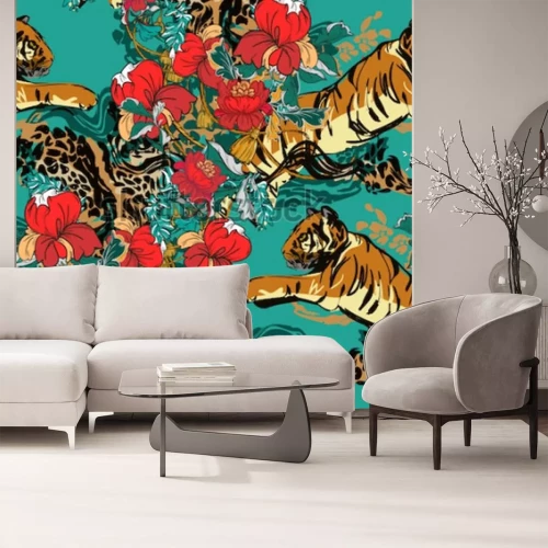 Sticker  Tigres et fleurs rouges fond vert