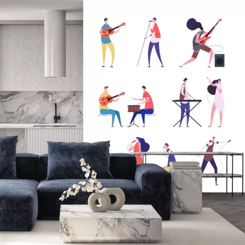 Sticker  Ensemble de musiciens. Les gens effectuant de la musique rock. Artiste avec instruments de musique et chanteurs. Personnages de dessins animés de vecteur isolés. Illustration d'un instrument de musici