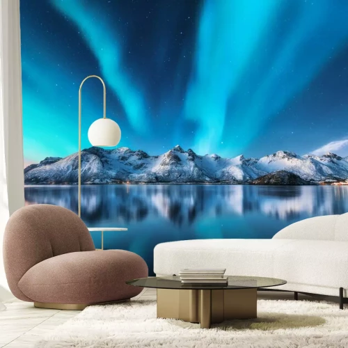 Papier peint  Aurores boréales au-dessus des montagnes islandaises