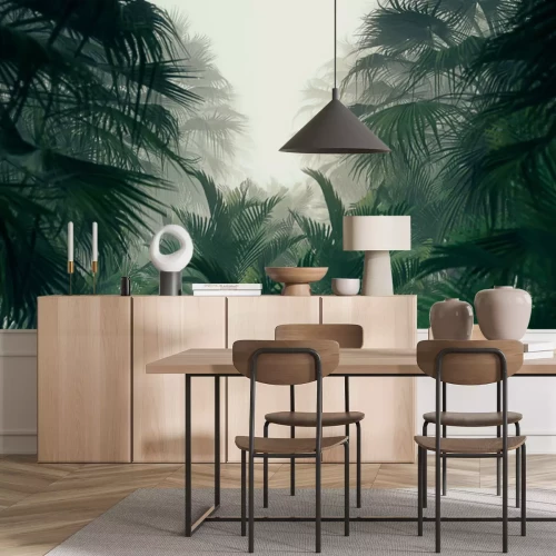 Papier peint  Feuilles de la jungle dans la brume