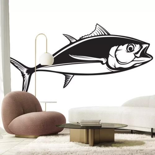 Sticker  Illustration de logo de grosse pêche au thon. Emblème de vecteur de pêche au thon. Thème marin de poissons à nageoires bleues. Poisson en colère.