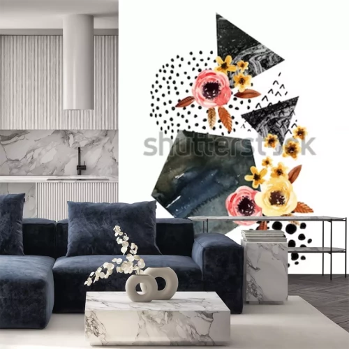 Sticker  Fond d'automne: feuilles tombantes, fleurs, éléments géométriques. Illustration aquarelle avec feuille, triangles, marbre, couleur de l'eau, textures de dessin à main levée pour la conception 