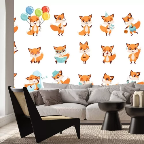 Sticker  Cute little foxes showing various emotions and actions. Cartoon characters of forest animals. Flat vector design for mobile app, sticker, kids print, greeting card