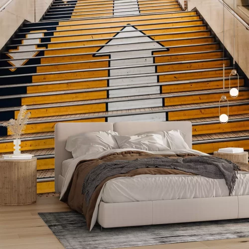 Sticker  Big arrows direction symbol on concret stair in subway in Japan. there is seperate the walk way clearly. Line up and down.