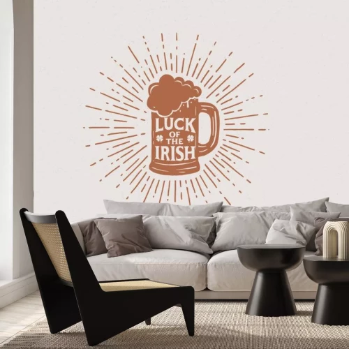 Sticker  Hands drawn beer mug with the inscription Irish luck in the rays of light. Vintage illustration on the theme of St. Patrick's Day. Monochrome engraving style.