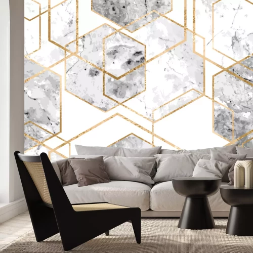 Papier peint  Lignes jaunes sur un marbre gris