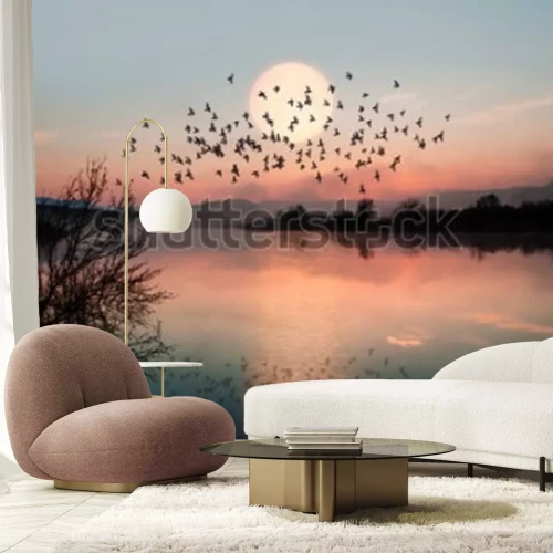 Papier peint  Paysage pastel avec oiseaux