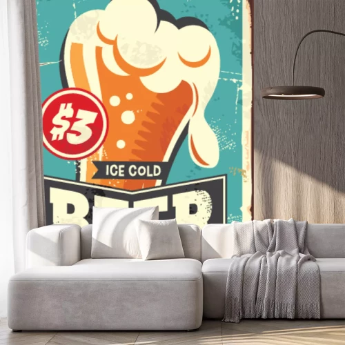 Sticker  Ice cold beer vintage metal sign for drink bar, cafe, pub or restaurant. Beer glass on old rusty texture and blue background. Retro vector poster illustration.