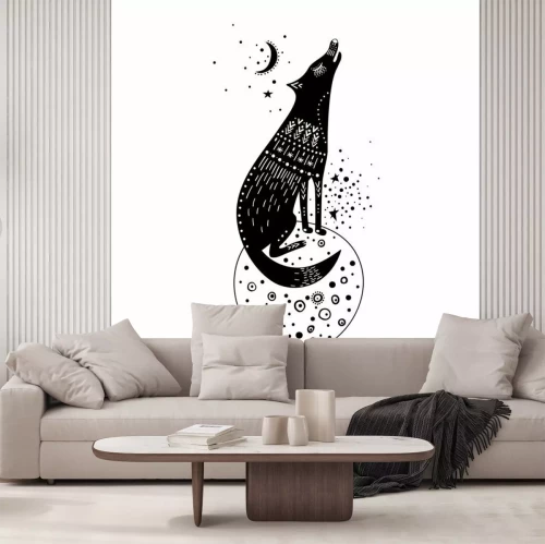 Sticker  Vector childish hand-drawn illustration. Wolf sitting on a planet in space and howling at the moon. Black and white