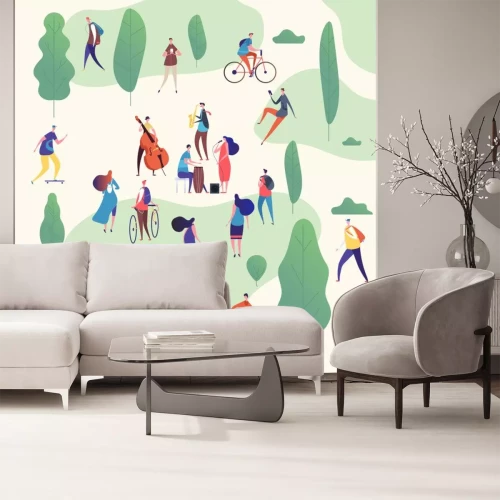 Sticker  Musicians in park. Music band with guitars and musical instruments performing outdoor surrounded by trees. Vector illustration. Musician band in green public park