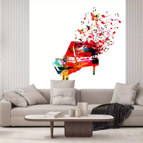 Sticker  Colorful piano with music notes isolated vector illustration design. Music background. Music instrument poster with music notes, festival poster, live concert events, party flyer
