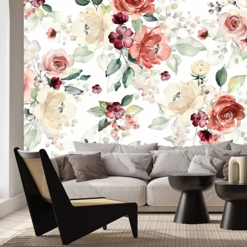 Papier peint  Seamless pattern with flowers and leaves. Hand drawn background.  floral pattern for wallpaper or fabric. Flower rose. Botanic Tile.