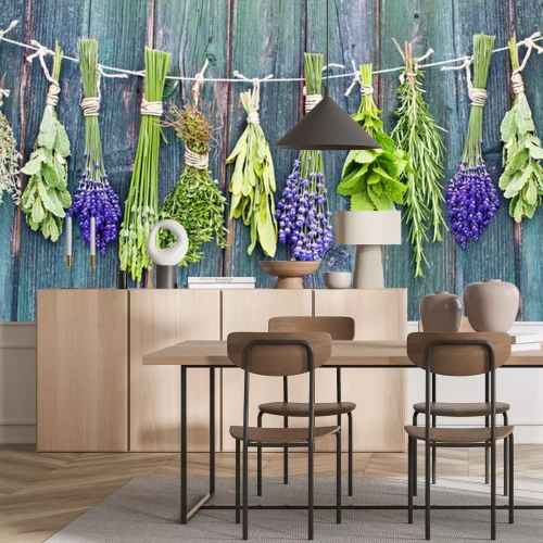 Papier peint  Herbes sur fond de bois