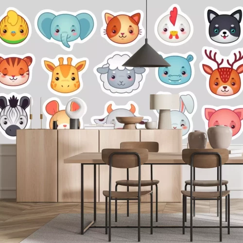Sticker  Cute animal stickers. Smiling adorable animals faces, kawaii sheep and funny chicken cartoon vector illustration set