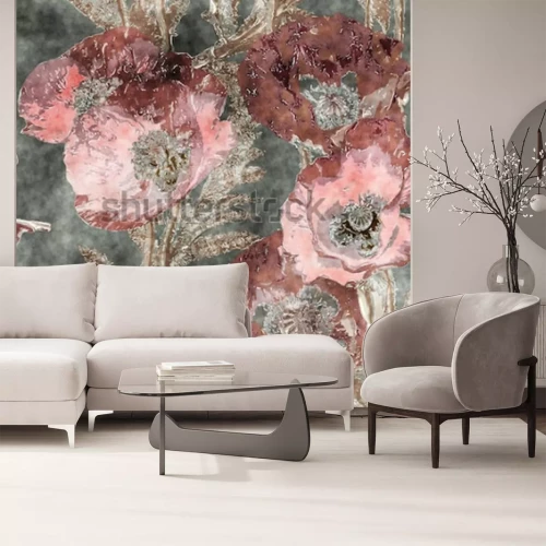 Papier peint  Coquelicots peints sur fond vieilli