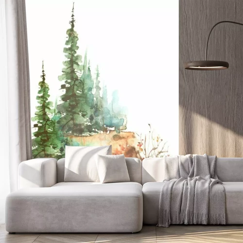 Sticker  Watercolor trees, forest, pine, green spruce, landscape. Summer forest landscape, bushes, wild grass, slope. Illustration made for a different design. Isolated on white background. Abstract paint