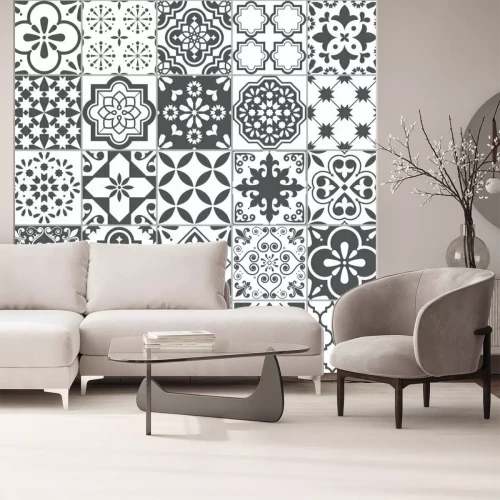Sticker  Lisbon geometric Azulejo tile vector pattern, Portuguese or Spanish retro old tiles mosaic, Mediterranean seamless gray and white design 	