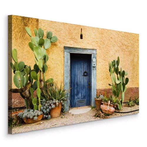 Tableau  Architecture rustique, portes bleues et cactus verts