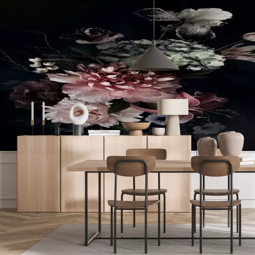 Papier peint  Peonies, hydrangea, lily, iris and tulips in bloom. Vintage bouquet of beautiful garden flowers on black. Floristic decoration. Floral background. Baroque style.