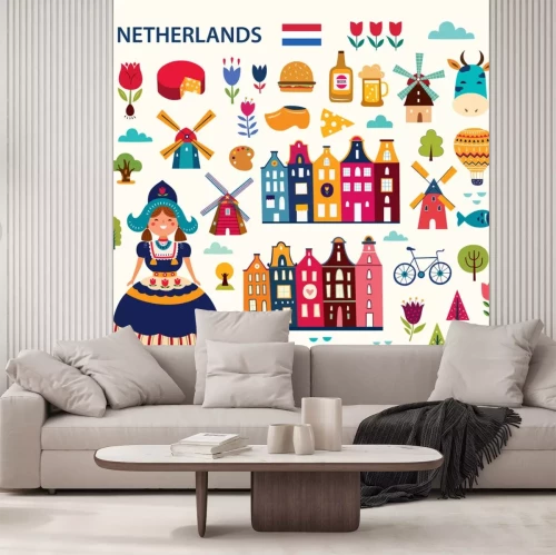 Sticker  Vector illustration in cartoon style with symbols of Netherlands